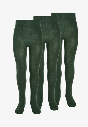 Trois paires de collants vert foncé avec un motif texturé, une finition lisse et une taille élastique. Chaque paire est longue et ajustée.