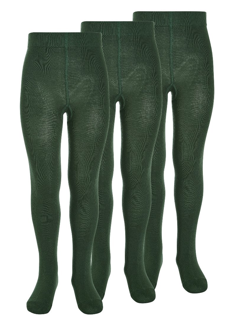 Trois paires de collants vert foncé avec un motif texturé, une finition lisse et une taille élastique. Chaque paire est longue et ajustée.