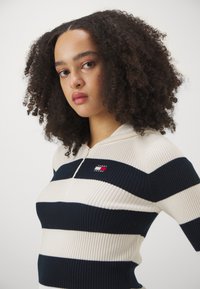 Kreemist ja tumesinistest triipudest ribadega pika varrukaga särk, millel on lukuga kaelus ja logot�äpp. Omab tekstuurset kanga ja kitsast lõiget.