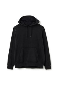 Felpa nera con cappuccio, realizzata in morbido cotone. Presenta una tasca a marsupio frontale, cappuccio con cordini e polsini e orlo a coste.