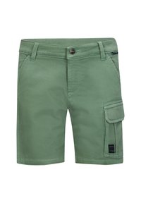 Pantaloni cargo verdi realizzati in tessuto resistente, con chiusura anteriore a bottone, tasche laterali e una tasca cargo destra con soffietto.