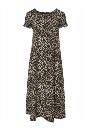 Leopardikuvioinen midimekko, jossa on lyhyet pussihihat ja kerätty pääntie, väljää istuvuutta rentoon käyttöön.