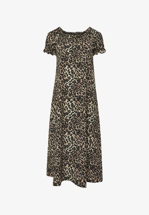 Robe mi-longue à imprimé léopard avec manches courtes bouffantes et encolure froncée, coupe ample conçue pour une tenue décontractée.