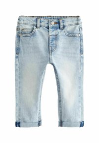 Jean en denim bleu clair avec une finition délavée, design à cinq poches, ourlets retroussés et couture contrastante. Fabriqué en mélange de coton et d'élasthanne.