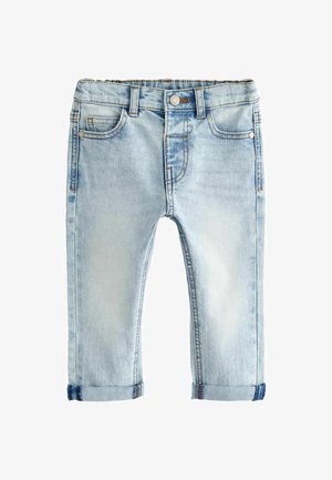 Šviesiai mėlyni džinsai su pašviesėjusia apdaila, penkių kišenių dizainas, apvertos hemnos ir kontrastingi siūlai. Pagaminti iš medvilnės ir elastano mišinio.