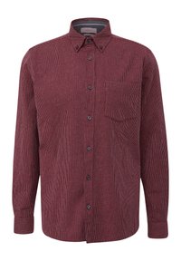 Czerwona koszula w kratę z długim rękawem, z kołnierzykiem zapinanym na guziki, pojedynczą kieszenią na piersi oraz z przodem zapinanym na guziki. Wykonana z lekkiego materiału.