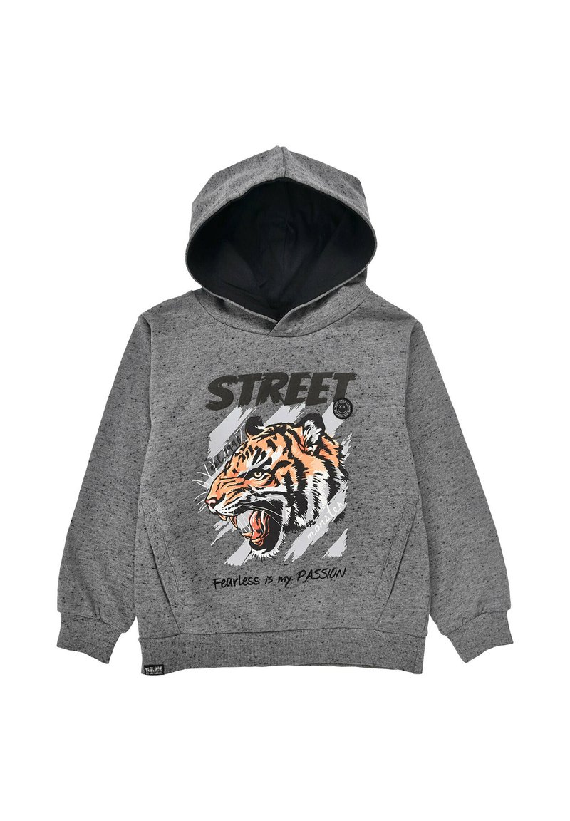 Grauer Kapuzenpullover mit einem Tiger-Graphic und dem Text "STREET". Er hat eine weiche Textur und eine kontrastierende schwarze Kapuzenauskleidung.