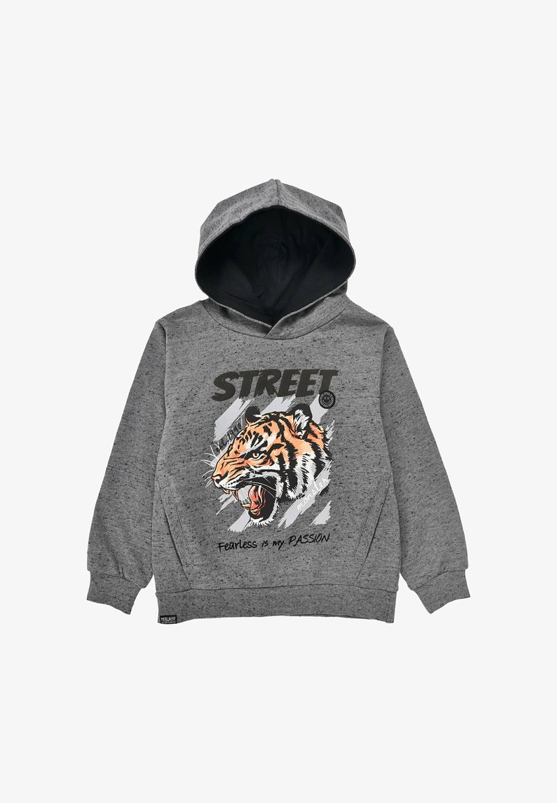 Grauer Kapuzenpullover mit einem Tiger-Graphic und dem Text "STREET". Er hat eine weiche Textur und eine kontrastierende schwarze Kapuzenauskleidung.