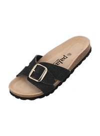 Svart denim slid sandal med en guldfärgad spänne, korkfotbädd och texturerad svart gummisula. Mjuk innersula för komfort.