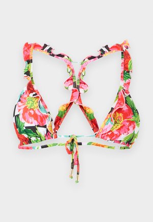 Haut de bikini triangle avec imprimé floral éclatant, bretelles à volants et fermeture réglable par lien sur fond gris clair.