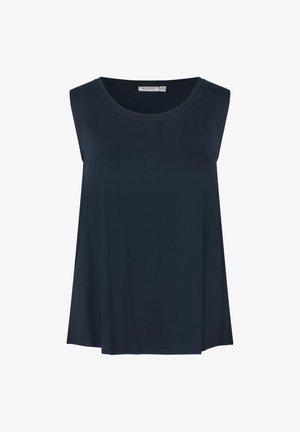 Ærmeløs mørk marineblå blød bluse med rund halsudskæring og glat stof, set forfra med mærkeetiketten synlig inde i kraven.