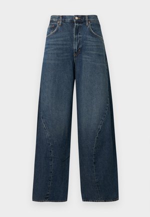 Wide-leg jeans in dark blue denim, featuring a high waist, belt loops, front pockets, and subtle stitching details with a smooth texture.