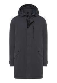 Cappotto invernale con cappuccio grigio scuro, chiusura frontale a zip, patta con bottoni a pressione, tasca sul petto con zip e tasche laterali inclinate con bottoni a pressione.