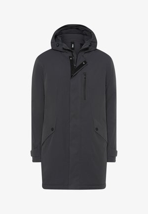 Manteau d'hiver à capuche gris foncé avec fermeture éclair à l'avant, rabat à boutons-pression, poche zippée sur la poitrine et poches latérales inclinées avec boutons-pression.