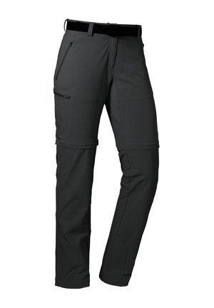 Pantalons de randonnée noirs zippables avec un design épuré, de multiples poches et un tissu léger et résistant adapté à diverses activités.