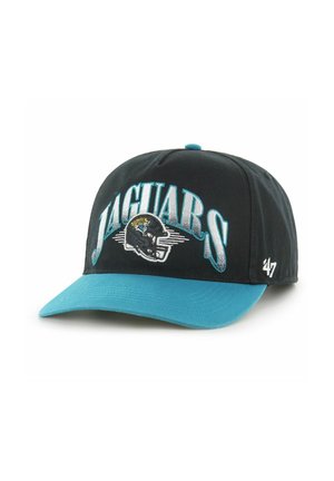 Schwarze Baseballkappe mit türkisen Akzenten und einem deutlich gestickten "JAGUARS"-Logo mit einem Jaguardesign auf der Vorderseite.