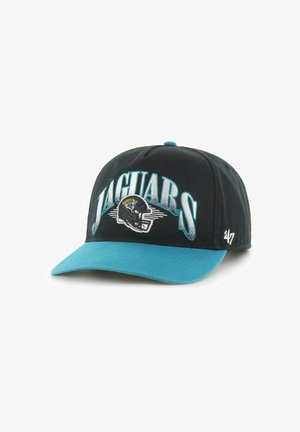 Black baseball cap featuring teal accents and a prominently embroidered "JAGUARS" logo with a jaguar design on the front.