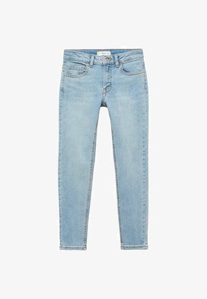 Lichtblauwe skinny jeans van denim, met een klassiek vijf-pocket ontwerp, subtiele vervaging en een ritssluiting met knoopsluiting.