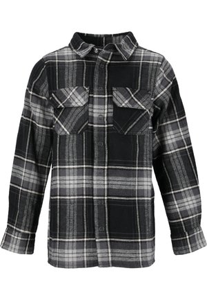 Czarna i szaro kraciasta koszula na długi rękaw z guzikami, dwoma patkowymi kieszeniami na piersi i kołnierzykiem.