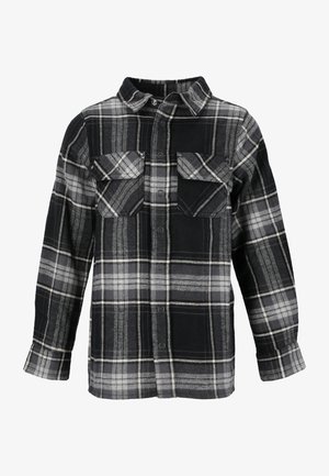 Czarna i szaro kraciasta koszula na długi rękaw z guzikami, dwoma patkowymi kieszeniami na piersi i kołnierzykiem.