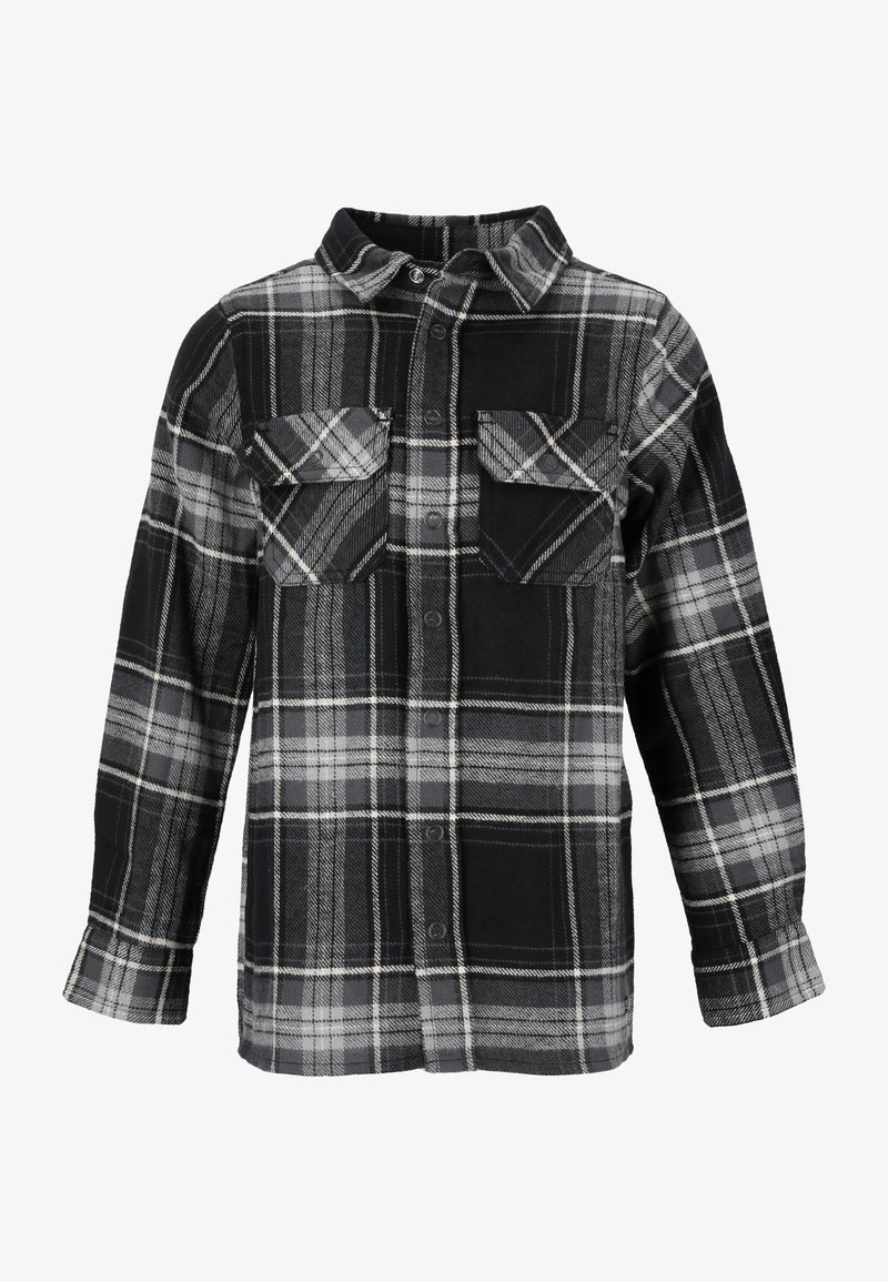 Chemise à manches longues à carreaux noirs et gris avec deux poches à rabat sur la poitrine et un col.
