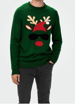 Mann trägt grünen Weihnachtspullover mit Rentiermotiv mit Geweih, roter Nase, rotem Weihnachtsmütze und schwarzen Sonnenbrillen.