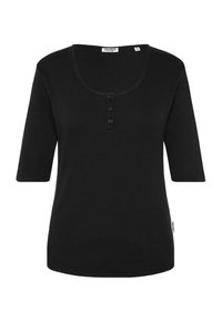 Schwarzes, geripptes Oberteil mit Dreiviertelärmeln, das über einen runden Ausschnitt und eine Knopfleiste mit drei Knöpfen auf der Vorderseite verfügt. Weiche Textur, lässiges Design.