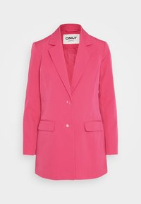 Veste rose avec un col cranté, deux poches avant et une fermeture à deux boutons. Tissu lisse avec une coupe ajustée. Étiquette : ONLY.