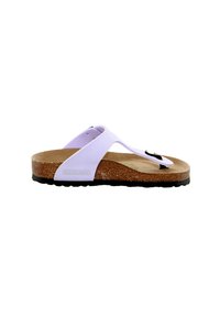 Purple flip-flop sandal with a cork footbed, textured sole, and a thin strap. Features a black hardware accent and branded logo.