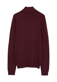 Maglione bordeaux a maniche lunghe con collo alto a coste, polsini e orlo, mostrato dal retro su uno sfondo bianco.
