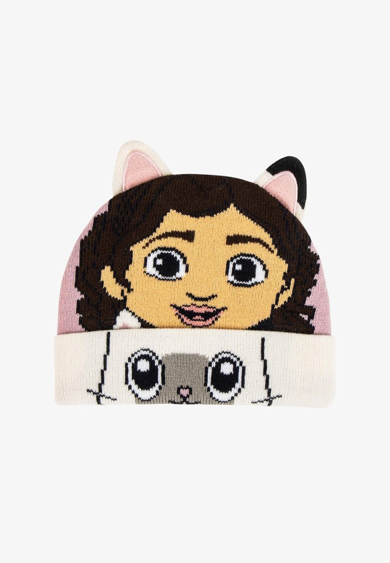 Berretto di lana con il volto di un personaggio dai capelli castani e un design di gatto sul fondo, disponibile in vari colori, con orecchie di gatto in cima.
