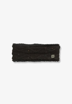 Knitted black headband with a textured, layered design and colorful flecks, featuring a small metal logo tag on the side.