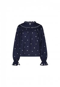 Navybluse mit weißen gestickten Herzen und Sternen, Rüschensaumkragen, Knopfverschluss und eingesetzten langen Ärmeln mit gewellten Manschetten.