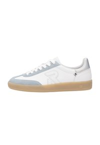 White and light blue sneakers with a smooth leather and suede upper, featuring a rubber sole and white laces. Accented with a subtle logo.