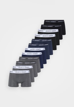 Gaišas pelēkas, tumši zilas un melnas bokseršortus ar elastīgu baltu jostasvietu, uz kuras ir uzraksts "JACK & JONES." 10 gabali sakārtoti rindā.