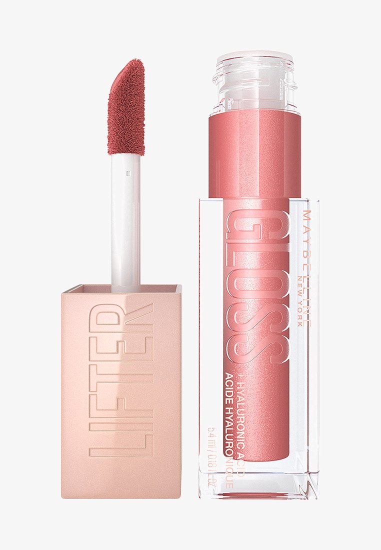 Lucidalabbra in un contenitore trasparente, liquido rosa glitterato e un applicatore morbido. Il tappo è di un rosa chiaro opaco con la scritta "LIFTER GLOSS" in rilievo.