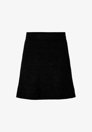 Melna adīta svārku ar pieguļošu jostas daļu, A-line formu un gludu tekstūru. Vienkāršs dizains bez redzamām rakstām vai rotājumiem.