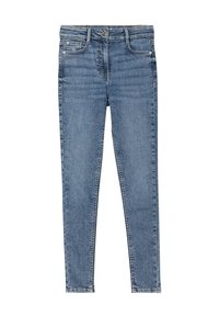 Lyseblå skinny jeans lavet af denim med en glat tekstur, der har fem lommer og en knaplukning.
