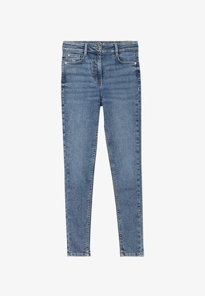 Helle blaue Skinny-Jeans aus Denim mit einer glatten Textur, ausgestattet mit fünf Taschen und einem Knopfverschluss.