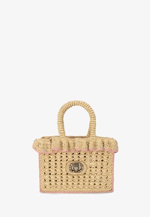 Borsa a mano in paglia beige tessuta a mano con bordo arricciato, decorazioni con perle e chiusura ovale con motivo decorativo a forma di mano.