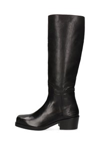 Knielange schwarze Lederstiefel mit runden Zehen, minimalistischem Design, niedrigen Blockabsätzen und geprägtem Markendetail an der Seite.