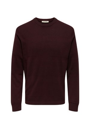 Burgunderfarbener Strickpullover mit strukturiertem Muster und horizontalen Streifen. Runder Halsausschnitt und gerippte Bündchen. Weiches Material.