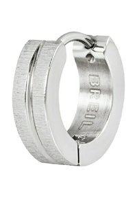 Silverfärgad hoopörhänge med en borstad yta på ena sidan och polerad på den andra, med en säker klassisk låsning och ingraverad branding på insidan.