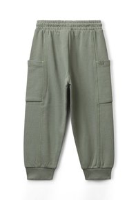 Lichtgroene joggingbroek met elastische tailleband en boorden, voorzien van grote zijzakken en zichtbare stiksels.