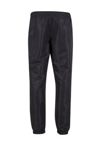 Svarta vindjackbyxor med elastiskt midjeband och mudd, tillverkade av slätt nylonmaterial, med en lös passform.