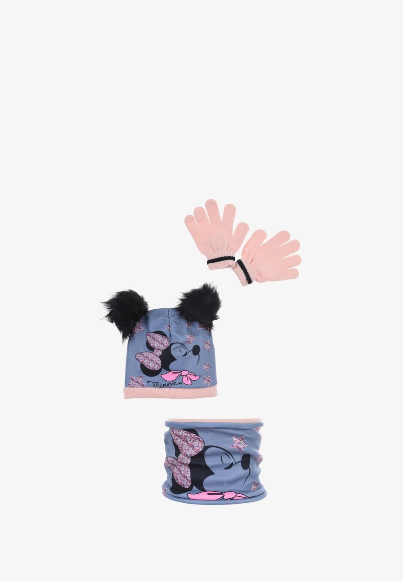Cappello a tema Minnie Mouse con orecchie in pelliccia sintetica nera, tessuto blu e accenti rosa. Include guanti rosa abbinati e un scaldacollo con disegni.