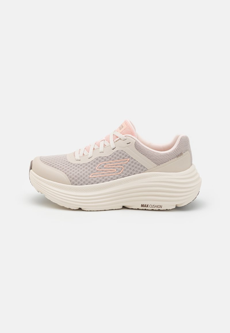 Lightweight running shoe with a cream mesh upper, pink accents, and a thick, textured sole labeled "MAX CUSHION." Features lace-up design.