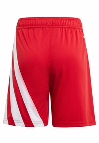 Rode sportieve shorts met een gladde textuur, een elastische tailleband en witte diagonale strepen aan de zijkanten.