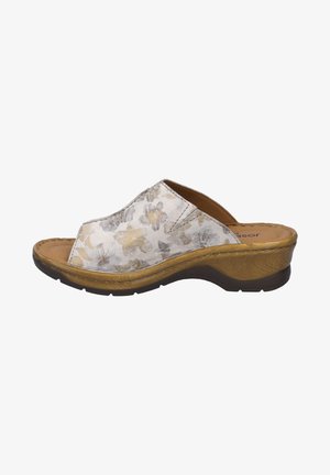 Floral-patterned slip-on sandal in light gray and cream, with a brown textured wedge sole and open toe design. Soft interior lining.
