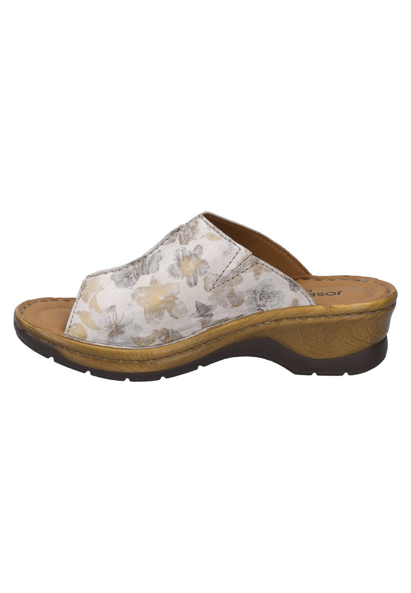 Floral-patterned slip-on sandal in light gray and cream, with a brown textured wedge sole and open toe design. Soft interior lining.